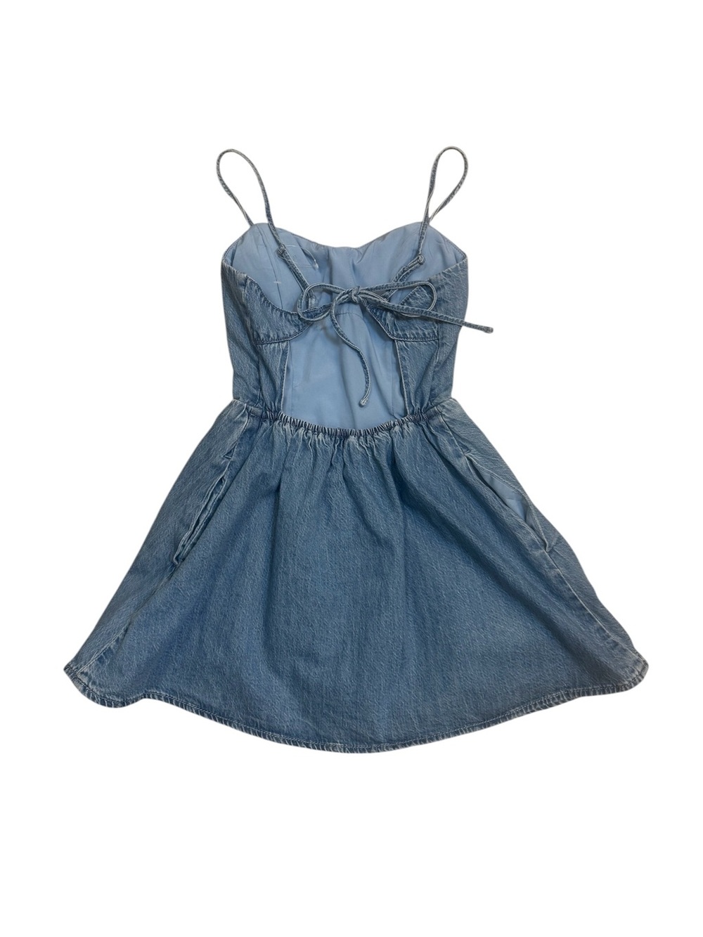 Hollister Denim Fit & Flare Mini Dress XS Sweetheart Neck Open Back Tie Pockets - Picture 6 of 11